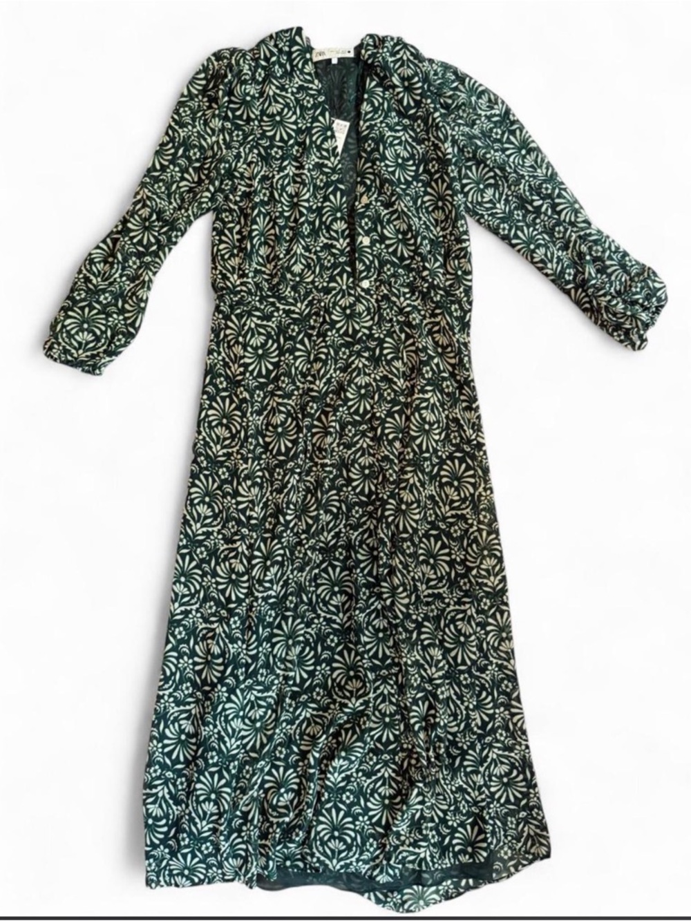 NWT Zara Emerald Green Floral Maxi Dress with Long Sleeves